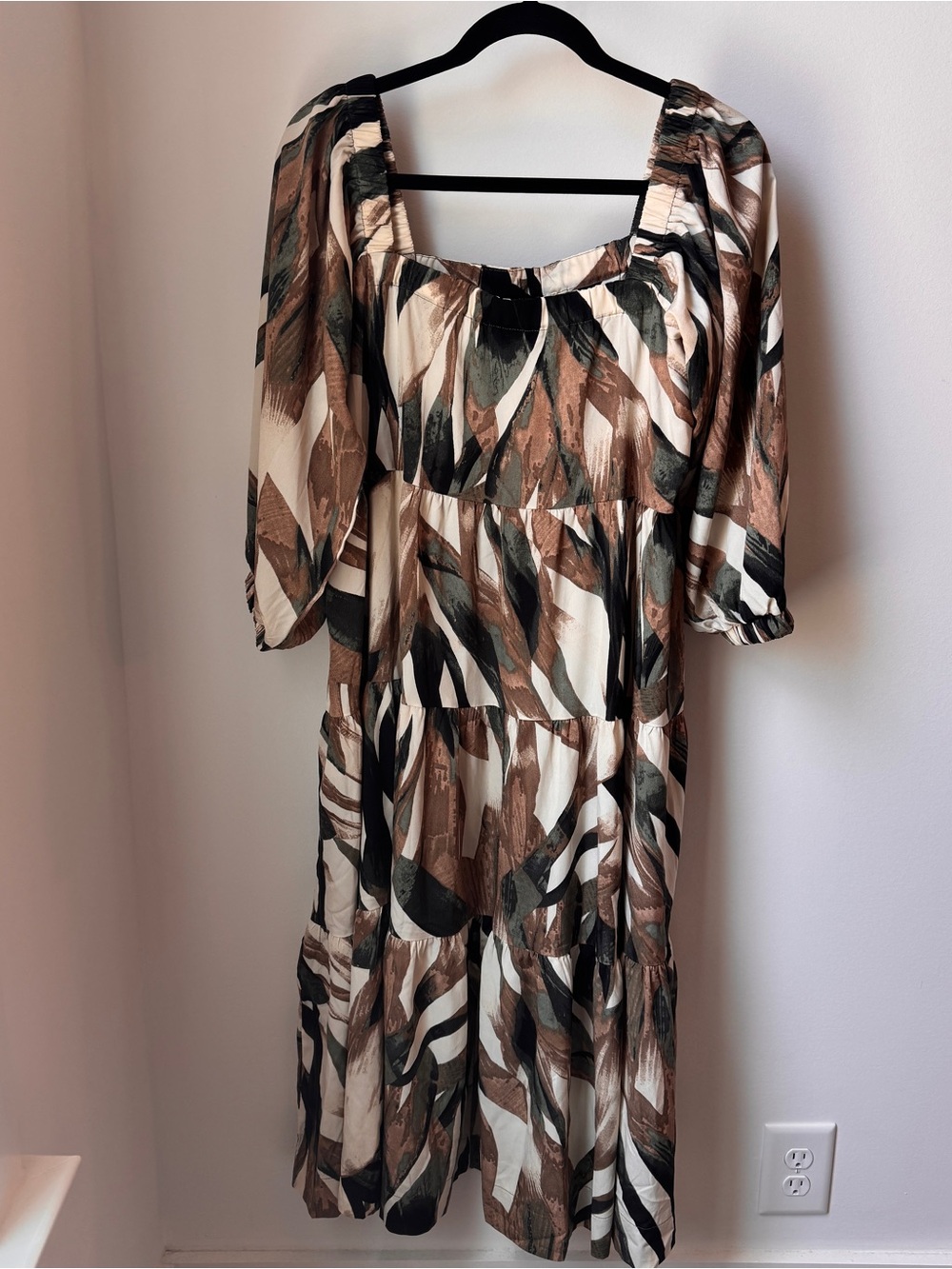 Tiered Midi Dress in Cream, Brown & Black